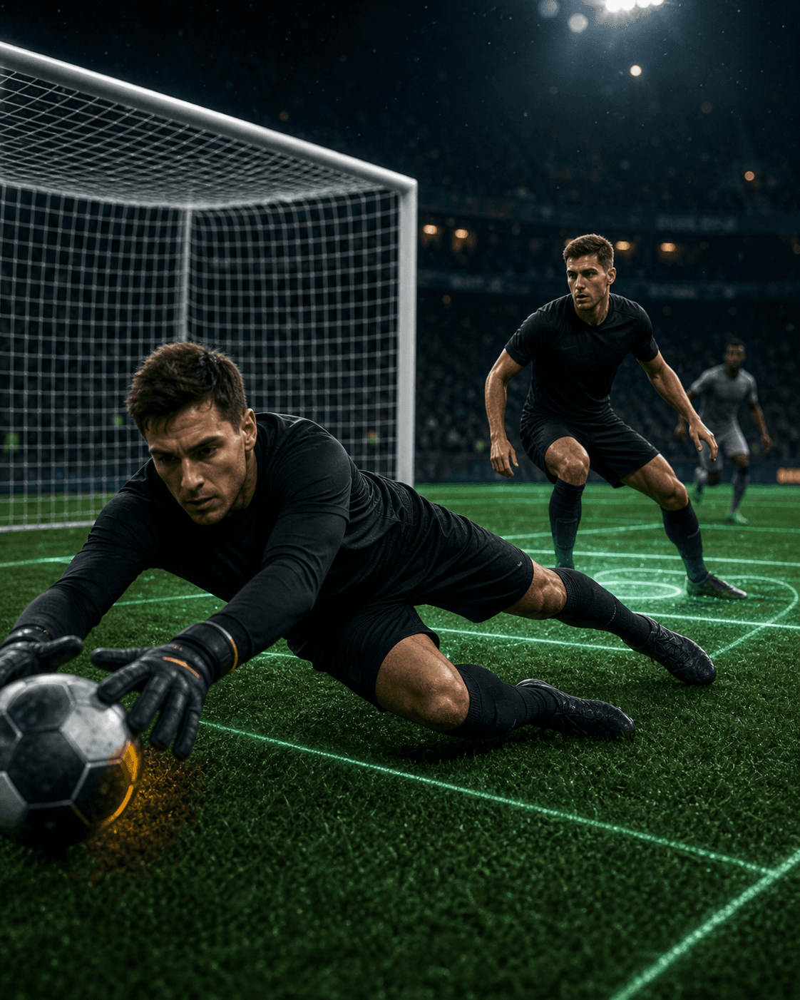 A fictional goalkeeper and defender protecting the box.