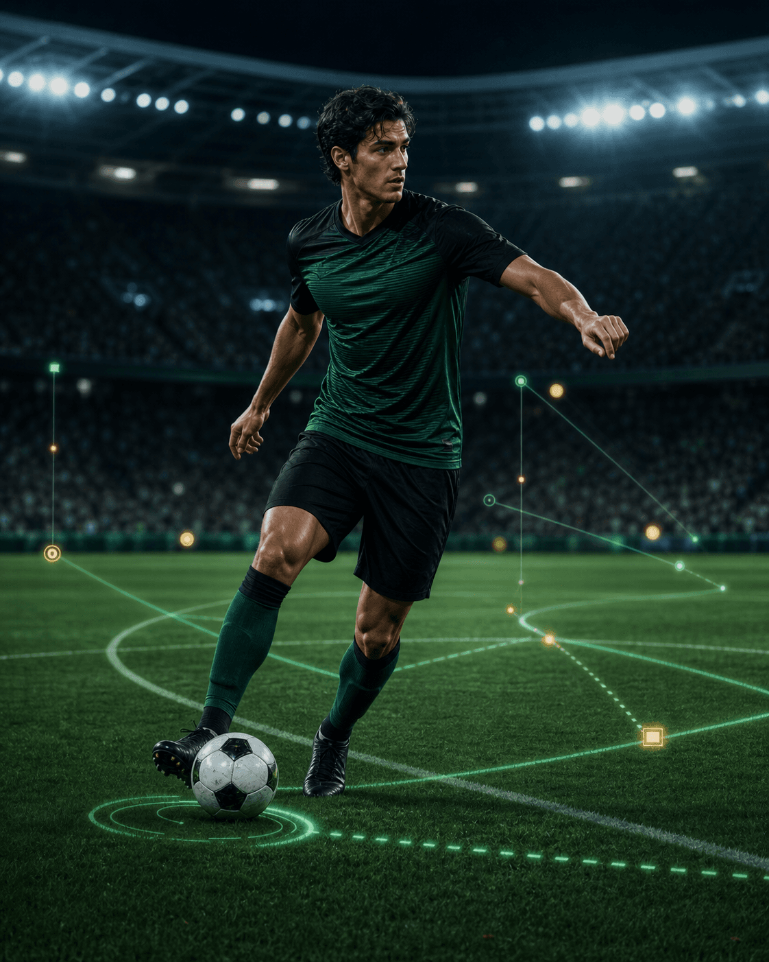 A fictional midfielder scanning passing lanes on a tactical pitch.
