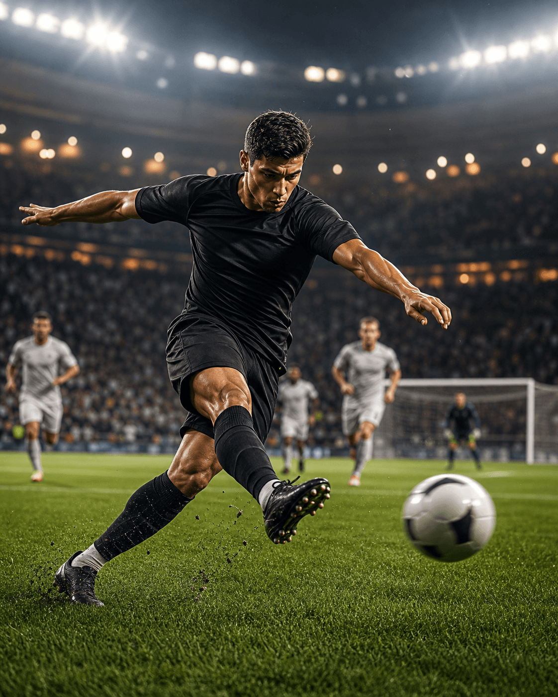 A fictional striker shooting under stadium lights.