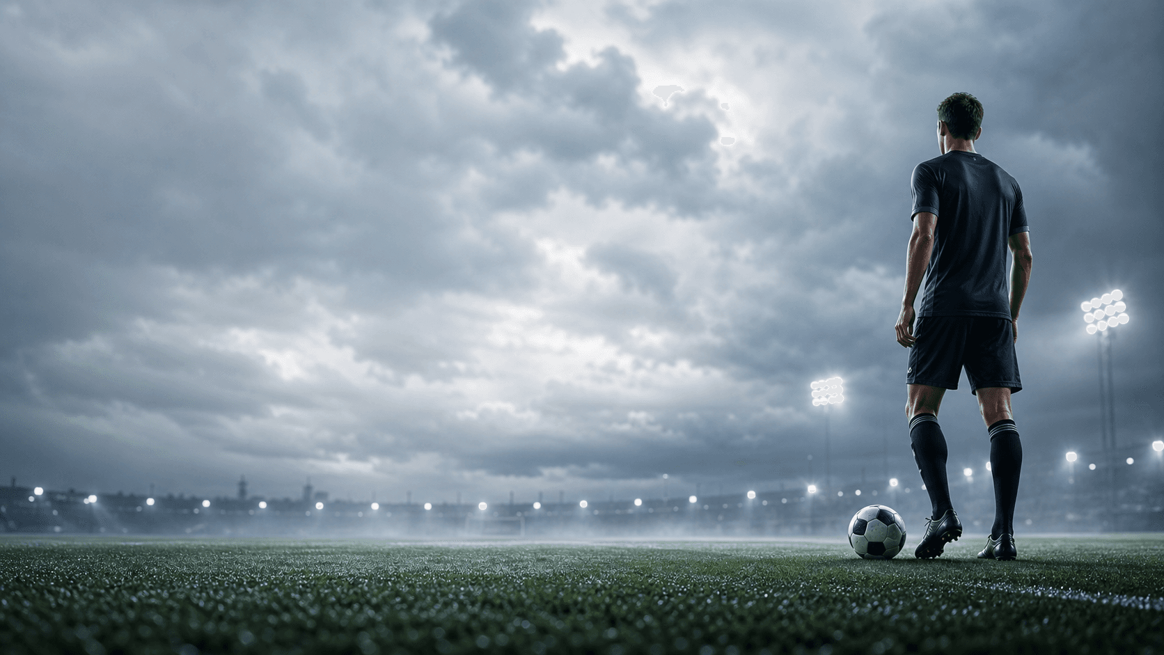 A fictional footballer on an overcast football pitch under gray clouds.
