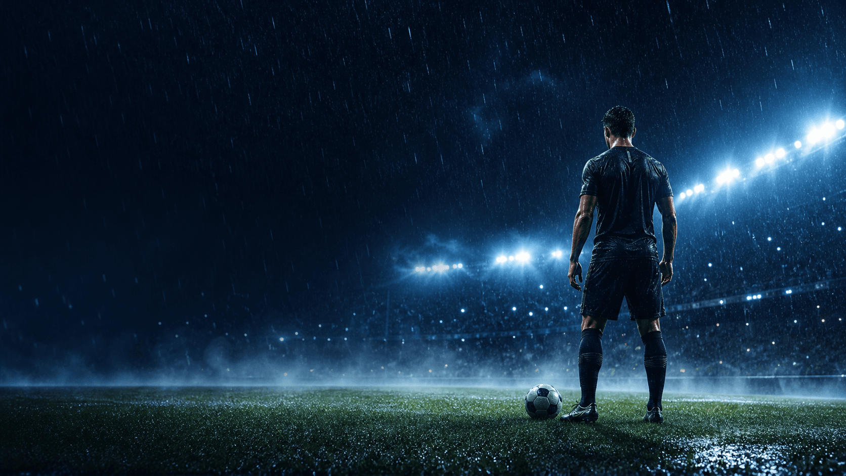 A fictional footballer on a rainy night football pitch.
