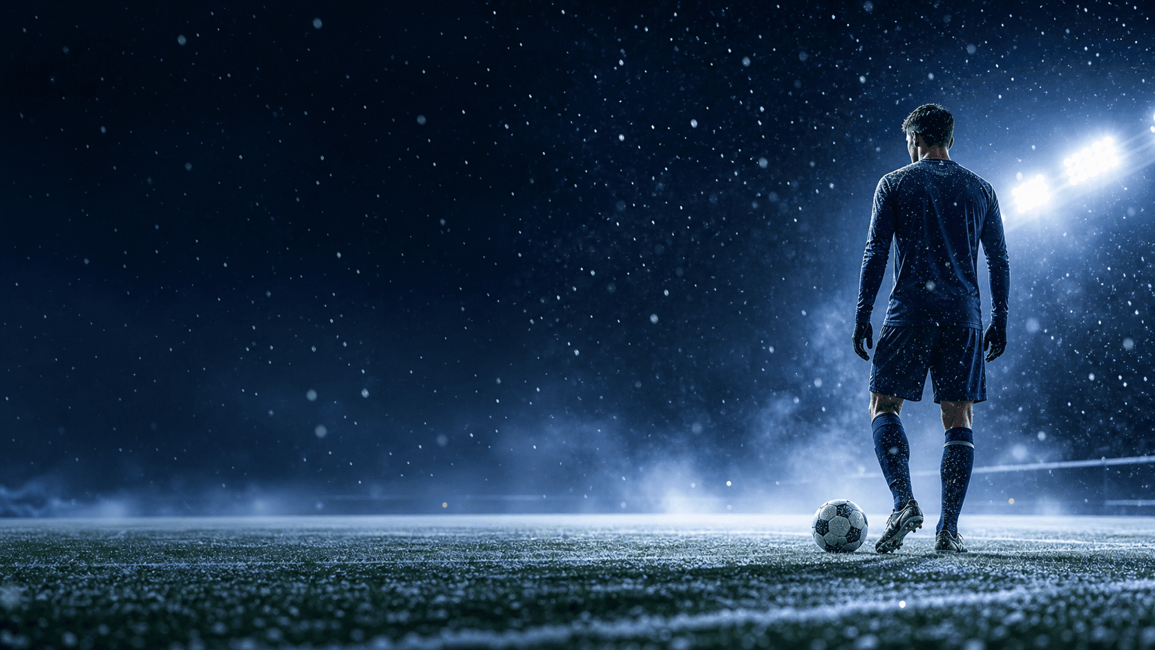 A fictional footballer on a snowy winter football pitch.
