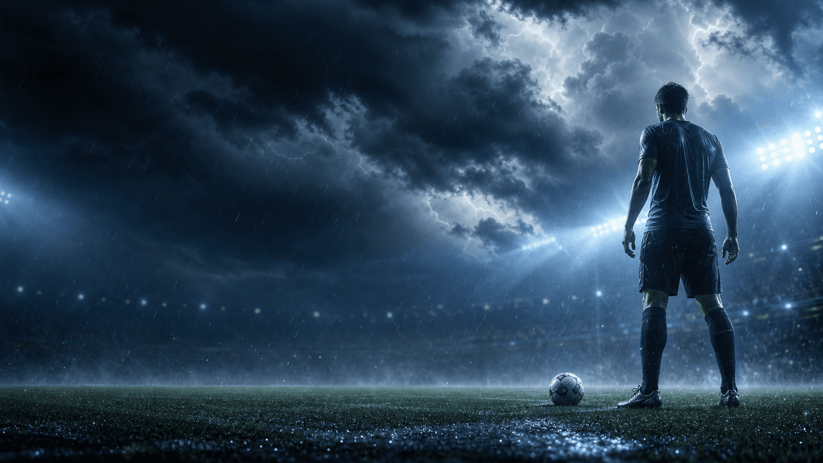 A fictional footballer on a stormy football pitch under lightning-lit clouds.