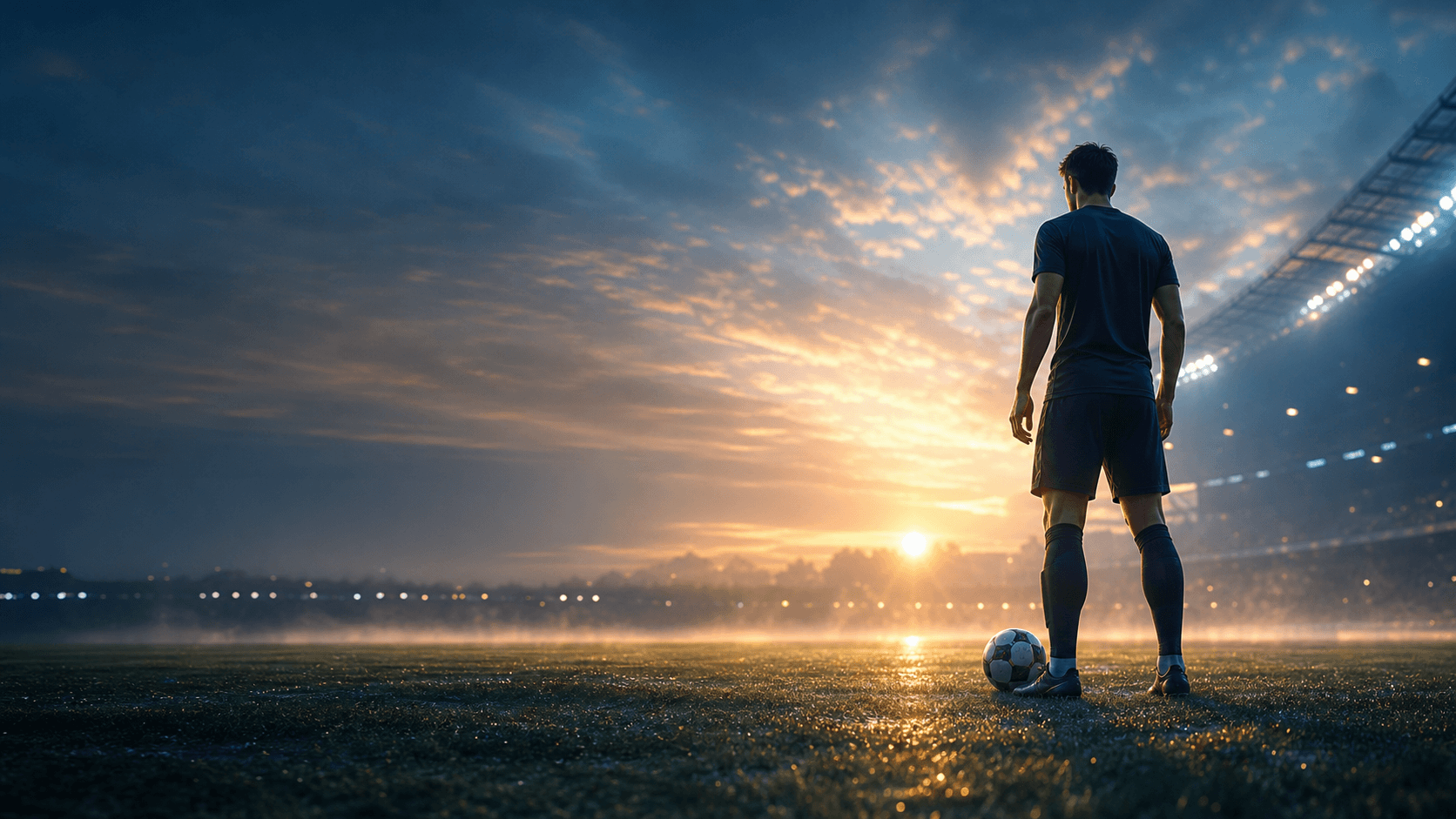 A fictional footballer on a misty sunrise football pitch.