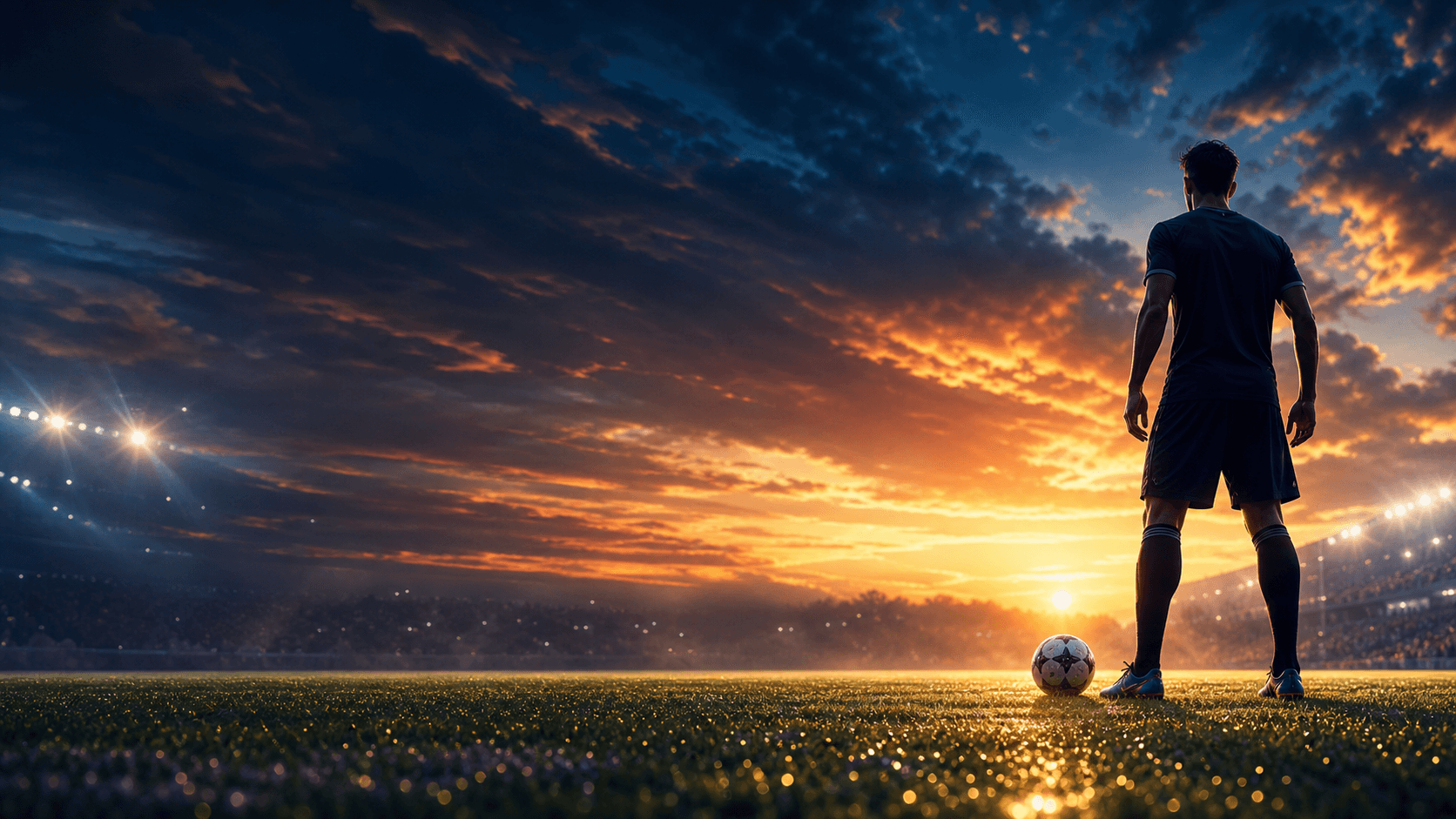 A fictional footballer on a dramatic sunset football pitch.